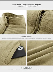 Detail view of khaki reversible fleece vest featuring stand collar and metal zippers