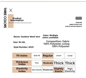 Tableau des tailles détaillé et spécifications du tissu pour le gilet outdoor en polyester
