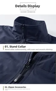 Close-up detail of smooth zipper closure and precise stitching on navy outdoor vest