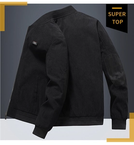 Detail of black corduroy jacket showing embroidered badge and sleeve elbow patch