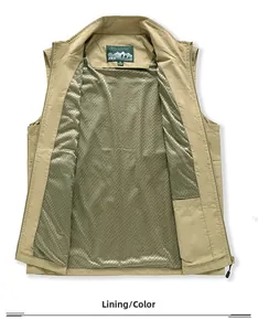 Détail du gilet extérieur kaki respirant avec doublure en mesh et étiquette de taille