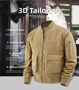 Detail view of khaki cotton bomber jacket featuring functional pockets and ribbed collar