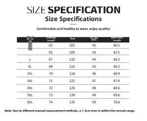 Detailed size chart for outdoor multi-pocket fishing vest from S up to 6XL plus sizes