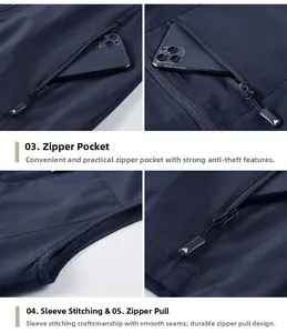Detail of outdoor vest showing anti-theft zipper pockets and precise stitching