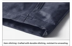 Detailed macro view of high-quality hem stitching on dark blue nylon vest garment