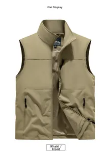 Detail of khaki outdoor fishing vest showing mesh lining and zipper pockets