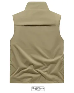 Rear view of khaki multi-pocket outdoor vest featuring a breathable back mesh vent
