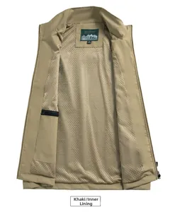 Detail of khaki outdoor vest showing breathable mesh lining and zippered inner pocket