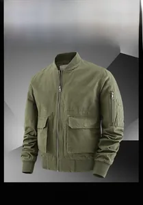 Detail of green cotton bomber jacket with utility sleeve pocket and ribbed knit collar