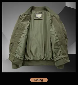 Inside view of military green cotton flight jacket showing lining and ribbed collar detail