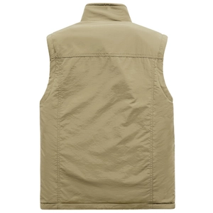 Back view of khaki fleece-lined reversible outdoor vest with stand collar and durable stitching