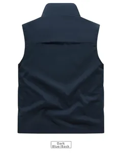 Back view of men's dark blue outdoor multi-pocket quick-dry vest in breathable fabric