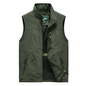 Gilet de Photographie de Pêche Multi-Poches pour Hommes Col Montant Coupe-Vent Doublé en Filet Veste Décontractée sans Manches