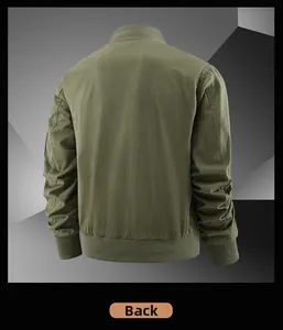Back view of army green cotton flight jacket with ribbed collar and sleeve zipper