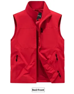 Detail of red quick-dry fishing vest showing zipper pockets and breathable mesh lining