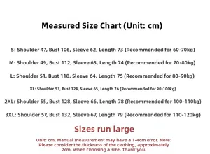 Size guide table for men's fleece jacket showing measurements from S to 3XL in centimeters