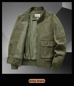 Detail view of military green cotton bomber jacket with rib-knit collar and arm zip pocket