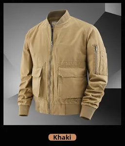Detailed close-up of khaki cotton bomber jacket featuring functional pockets and zip closure