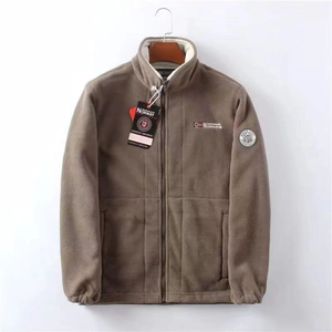 Brown fleece jacket for men with full-zip design and standing collar for winter warmth