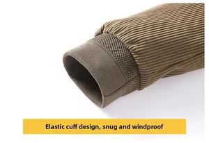 Detail of elastic ribbed cuffs on corduroy jacket for windproof fit and comfort