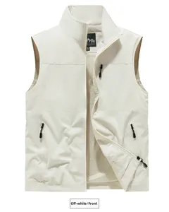 Detail of beige outdoor fishing vest featuring breathable mesh lining and zippered pockets