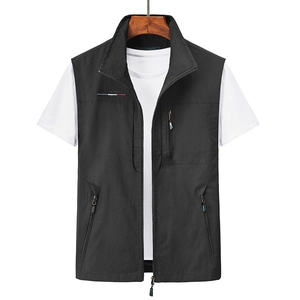 Men's black multi-pocket outdoor vest with stand collar for fishing and hiking