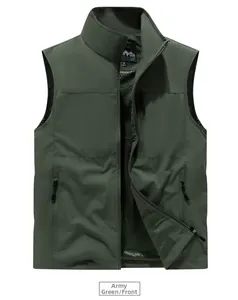 Army green fishing vest with multi-pocket design and breathable mesh lining detail