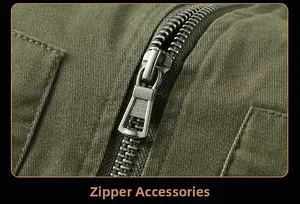 Detailed macro view of the silver metal zipper and olive green twill cotton fabric