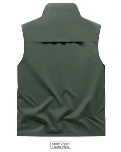 Detailed back view of army green outdoor fishing vest showing windproof fabric texture