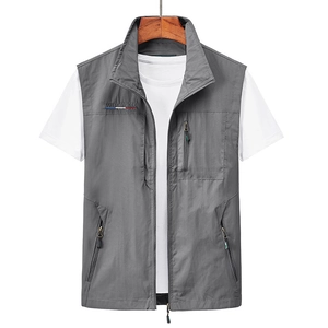 Men's outdoor multi-pocket gray fishing vest with quick-dry breathable fabric and zipper
