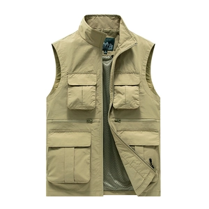 Men's khaki outdoor multi-pocket fishing vest with stand collar and mesh lining