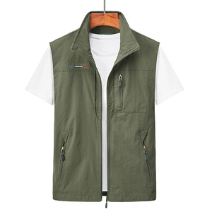 Men's army green outdoor utility vest with multi-pocket design and standing collar