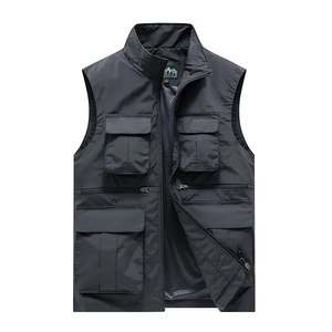 Gilet Extérieur Homme Multi-Poches Pêche Photographie Col Montant Nylon Coupe-Vent Respirant Coupe Ample Décontracté Travail Veste