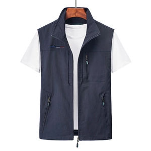Men's navy blue multi-pocket outdoor vest with stand collar and zipper closure