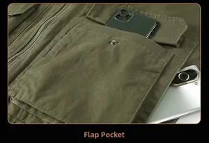 Close-up of army green cotton jacket showing large flap pockets with metal snap buttons