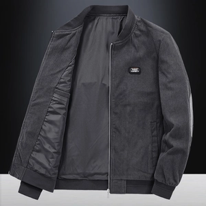 Dark grey corduroy bomber jacket for men featuring a ribbed collar and chest logo patch