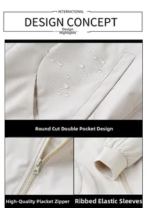 Detail of beige jacket featuring water-repellent fabric, zipper, and round cut pockets