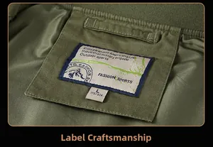 Detailed view of military green cotton jacket collar with Outdoor Sports woven label
