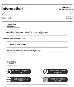 Detailed chart showing 100% polyester fabric material and size specs for the casual jacket