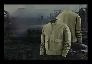 Front and back view of olive green cotton flight jacket with white duck down filling