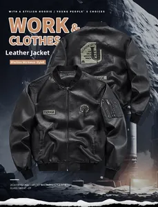 Detail of pilot-style faux leather jacket with shield embroidery and back graphic print