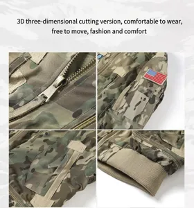 Detail view of multicam tactical jacket showing 3D cut and US flag patch on sleeve
