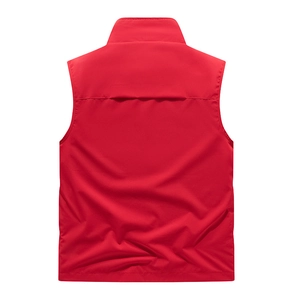 Back view of red outdoor multi-pocket quick-dry fishing vest for men with stand collar