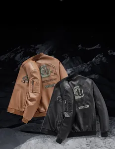 Detailed view of the embroidered stars on the sleeve of this faux leather jacket