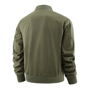 Army green men's cotton bomber jacket with ribbed collar and hem in a clean back view