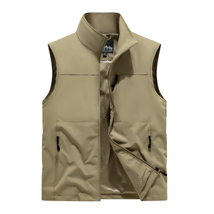 Men's khaki multi-pocket outdoor vest with quick-dry fabric and breathable mesh lining