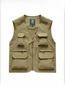 Detail view of khaki quick-dry vest with multi-pocket design and breathable mesh lining