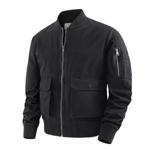 Men's cotton bomber jacket in black with multi-pocket design and ribbed cuffs