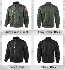Detailed views of army green and black MA-1 bomber jackets with American flag patches