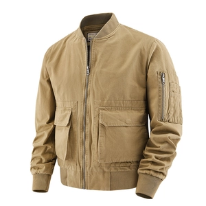Men's khaki cotton bomber jacket with multi-pocket utility design and ribbed baseball collar